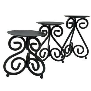 Black Wrought Iron Graduated Tier Scrollwork Pillar Candlestick Holder Set of 3